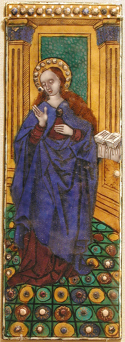 Three plaques from a triptych with the Adoration of the Shepherds, Flanked by the Angel Gabriel and the Virgin Annunciate, Workshop of Master of the Triptych of Louis XII (ca. 1490–ca. 1515), Painted enamel, copper, French