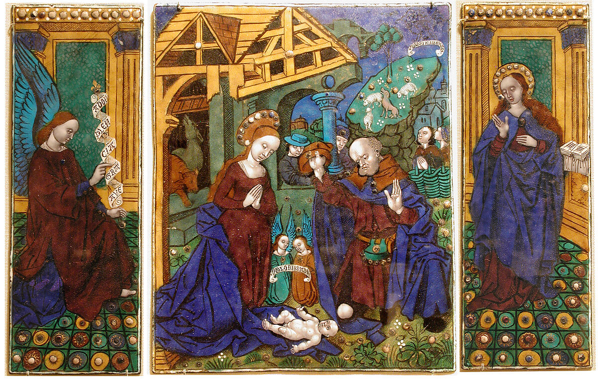 Three plaques from a triptych with the Adoration of the Shepherds, Flanked by the Angel Gabriel and the Virgin Annunciate, Workshop of Master of the Triptych of Louis XII (ca. 1490–ca. 1515), Painted enamel, copper, French