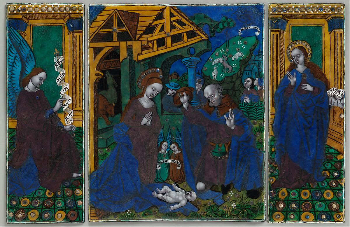 Three plaques from a triptych with the Adoration of the Shepherds, Flanked by the Angel Gabriel and the Virgin Annunciate, Workshop of Master of the Triptych of Louis XII (ca. 1490–ca. 1515), Painted enamel, copper, French 