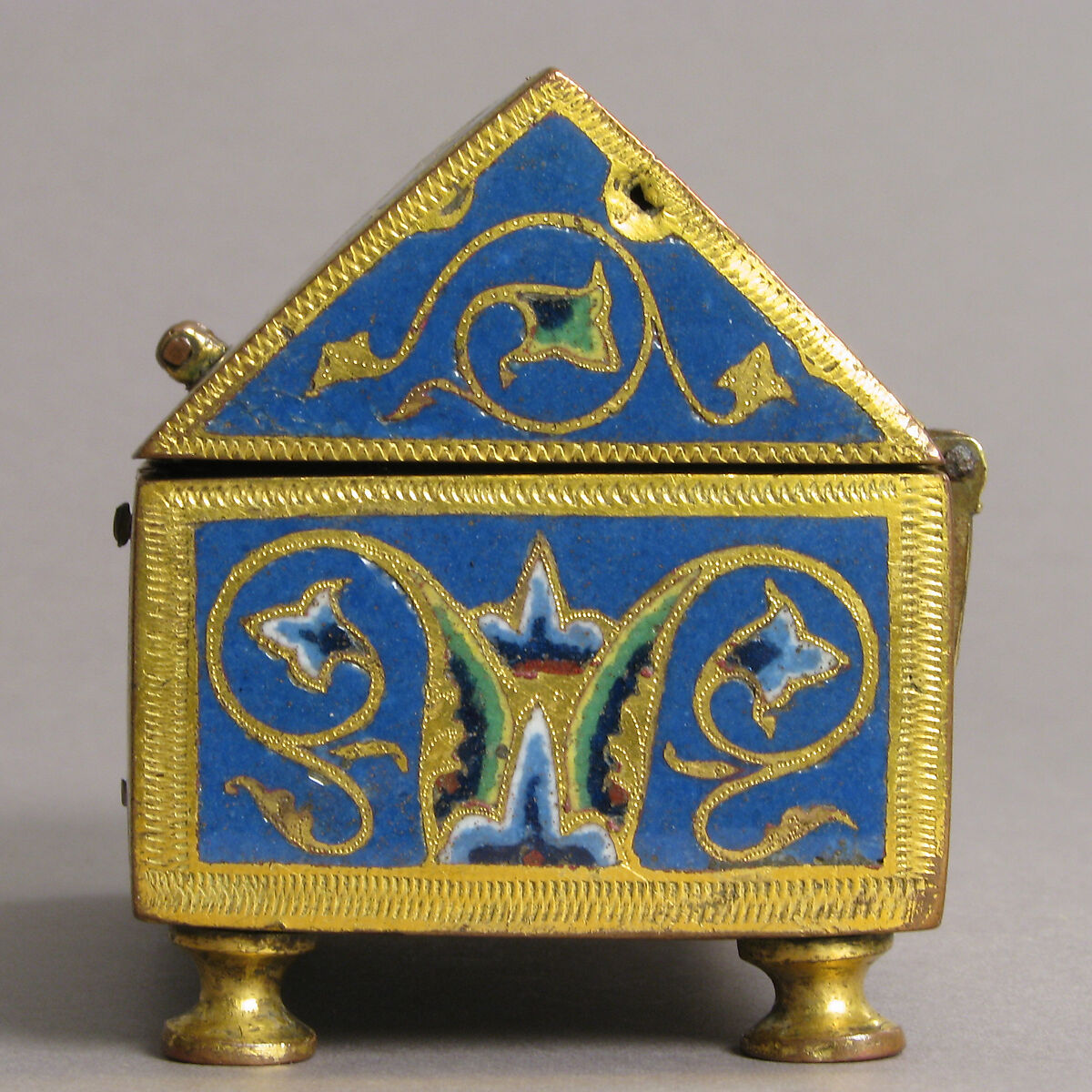 Reliquary, Copper: engraved, scraped, stippled, and gilt; champlevé enamel: blue-black, two medium blues and one light blue, turquoise, light green, yellow, red and white, French