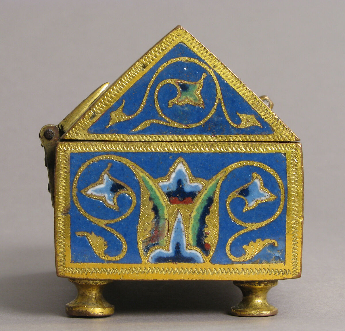 Reliquary, Copper: engraved, scraped, stippled, and gilt; champlevé enamel: blue-black, two medium blues and one light blue, turquoise, light green, yellow, red and white, French
