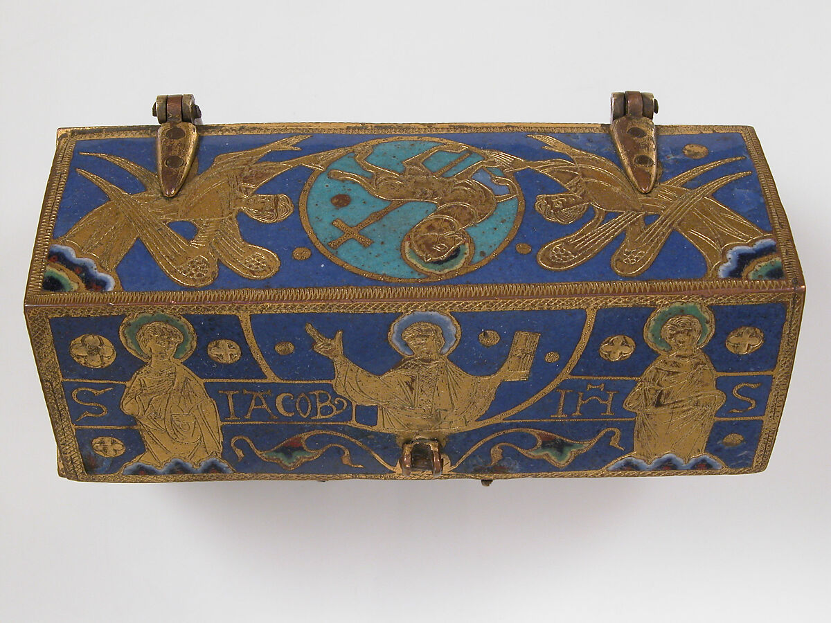 Reliquary, Copper: engraved, scraped, stippled, and gilt; champlevé enamel: blue-black, two medium blues and one light blue, turquoise, light green, yellow, red and white, French