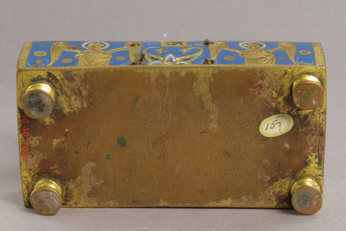 Reliquary, Copper: engraved, scraped, stippled, and gilt; champlevé enamel: blue-black, two medium blues and one light blue, turquoise, light green, yellow, red and white, French