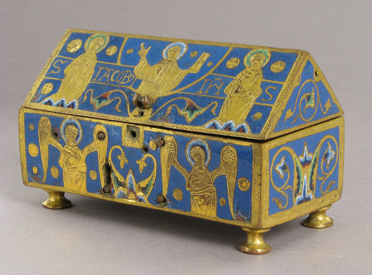 Reliquary, Copper: engraved, scraped, stippled, and gilt; champlevé enamel: blue-black, two medium blues and one light blue, turquoise, light green, yellow, red and white, French