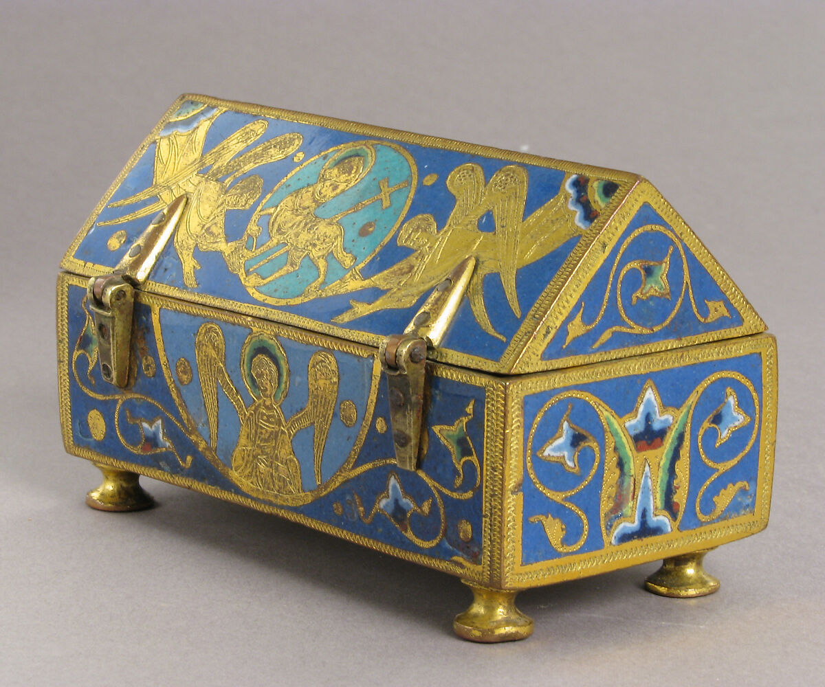 Reliquary, Copper: engraved, scraped, stippled, and gilt; champlevé enamel: blue-black, two medium blues and one light blue, turquoise, light green, yellow, red and white, French