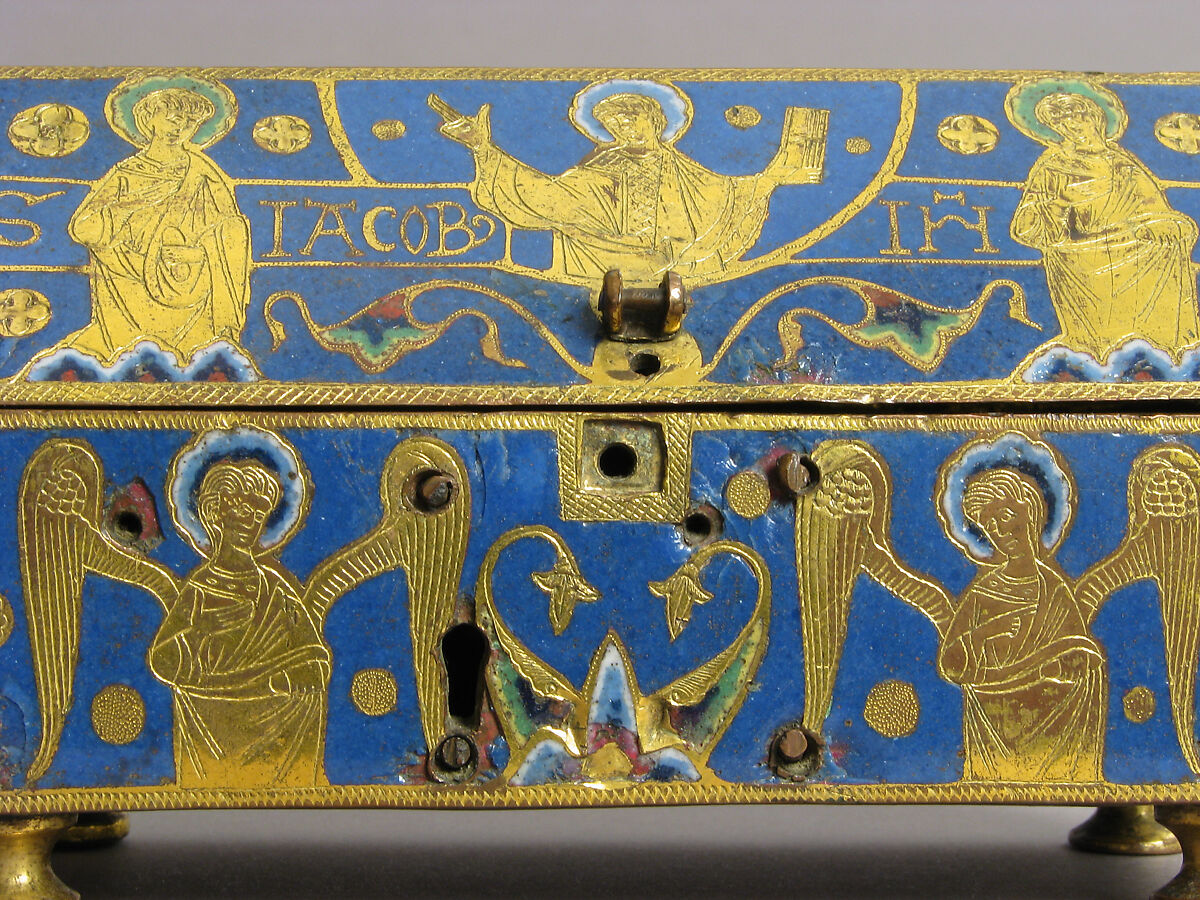 Reliquary, Copper: engraved, scraped, stippled, and gilt; champlevé enamel: blue-black, two medium blues and one light blue, turquoise, light green, yellow, red and white, French