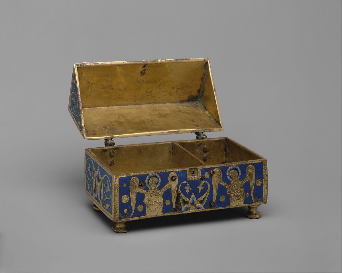 Reliquary, Copper: engraved, scraped, stippled, and gilt; champlevé enamel: blue-black, two medium blues and one light blue, turquoise, light green, yellow, red and white, French