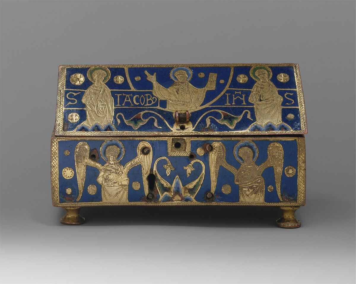 Reliquary, Copper: engraved, scraped, stippled, and gilt; champlevé enamel: blue-black, two medium blues and one light blue, turquoise, light green, yellow, red and white, French 