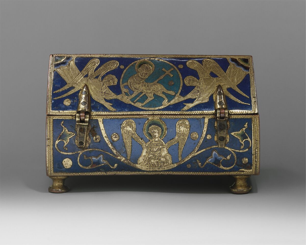 Reliquary, Copper: engraved, scraped, stippled, and gilt; champlevé enamel: blue-black, two medium blues and one light blue, turquoise, light green, yellow, red and white, French