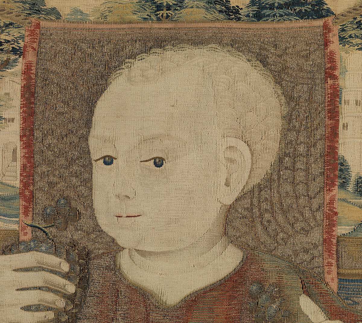 The Christ Child Pressing the Wine of the Eucharist, Linen warp;  wool, silk, and gilt weft yarns, South Netherlandish