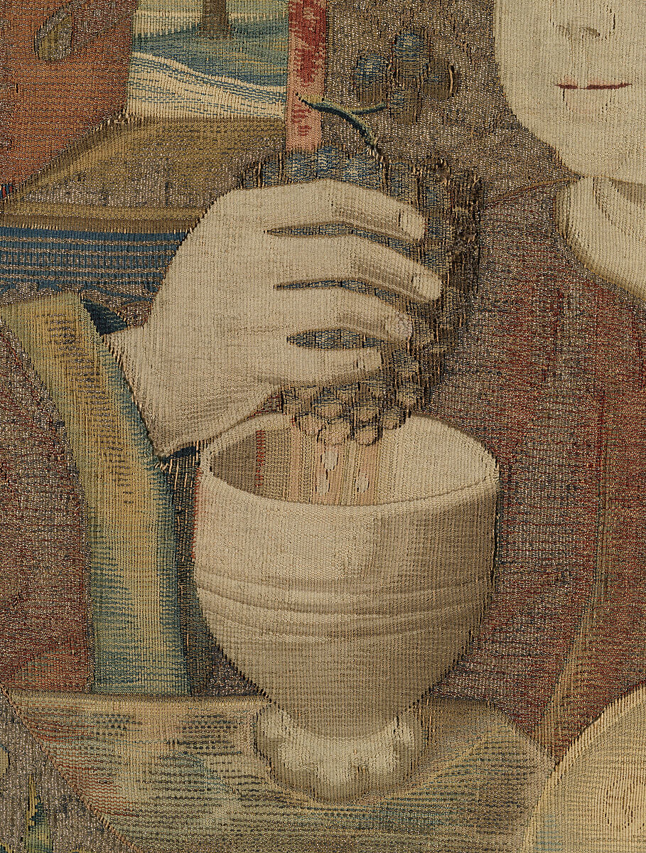 The Christ Child Pressing the Wine of the Eucharist, Linen warp;  wool, silk, and gilt weft yarns, South Netherlandish