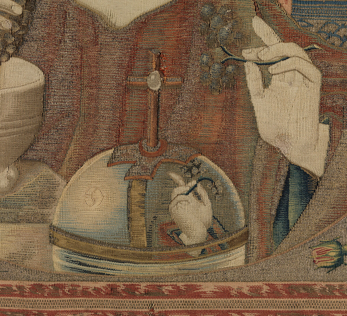 The Christ Child Pressing the Wine of the Eucharist, Linen warp;  wool, silk, and gilt weft yarns, South Netherlandish