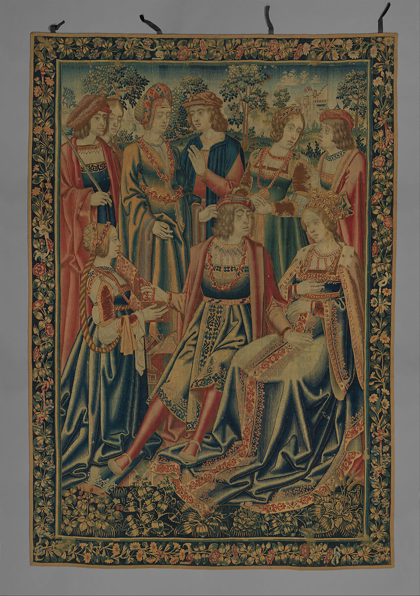 Two Episodes from the Parable of the Prodigal Son: The Prodigal Offering Jewels to Luxuria, Wool warp;  wool and silk wefts, South Netherlandish 