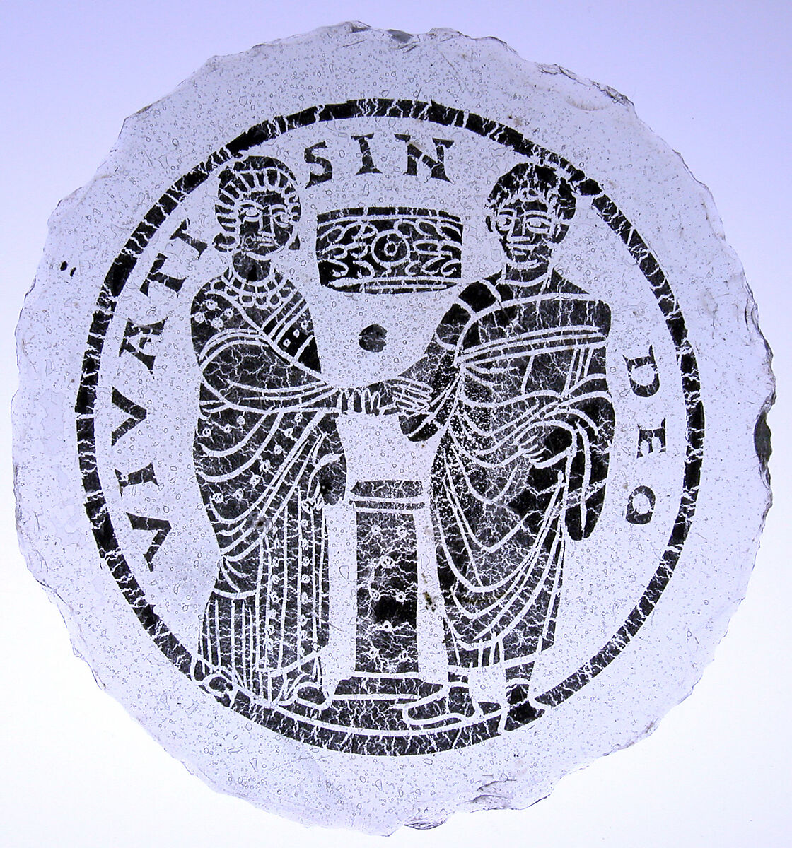 Bowl Base with a Marriage Scene, Glass, gold leaf, Roman or Byzantine