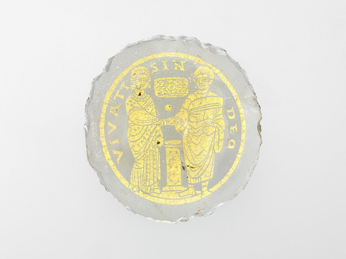 Bowl Base with a Marriage Scene, Glass, gold leaf, Roman or Byzantine 