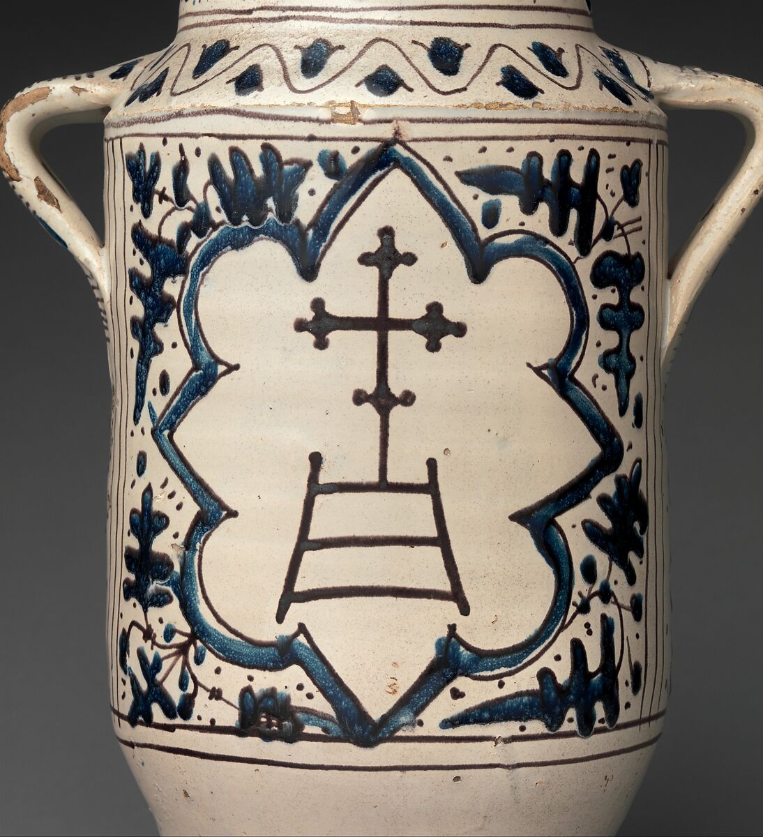 Pharmacy Jar with the Arms of the Hospital of Santa Maria della Scala, Tin-glazed earthenware, Italian
