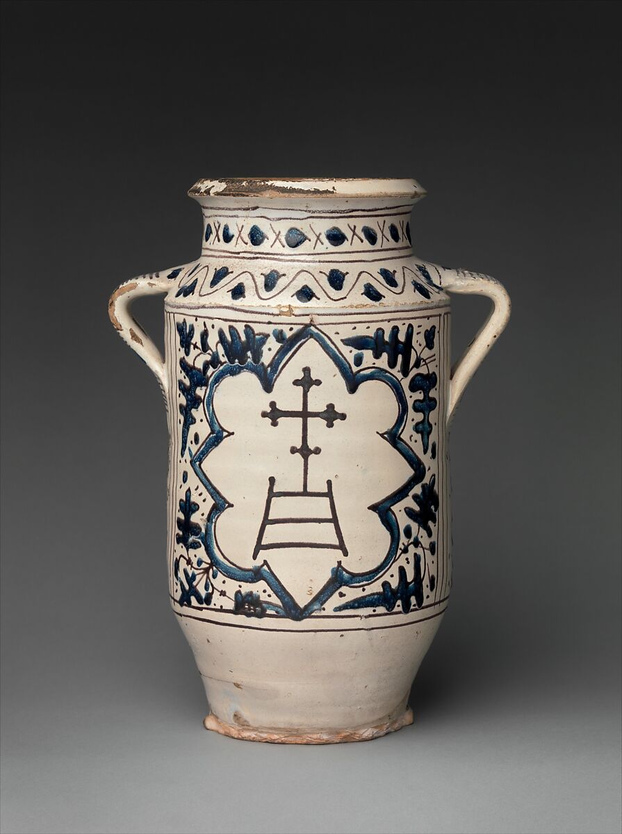 Pharmacy Jar with the Arms of the Hospital of Santa Maria della Scala, Tin-glazed earthenware, Italian 
