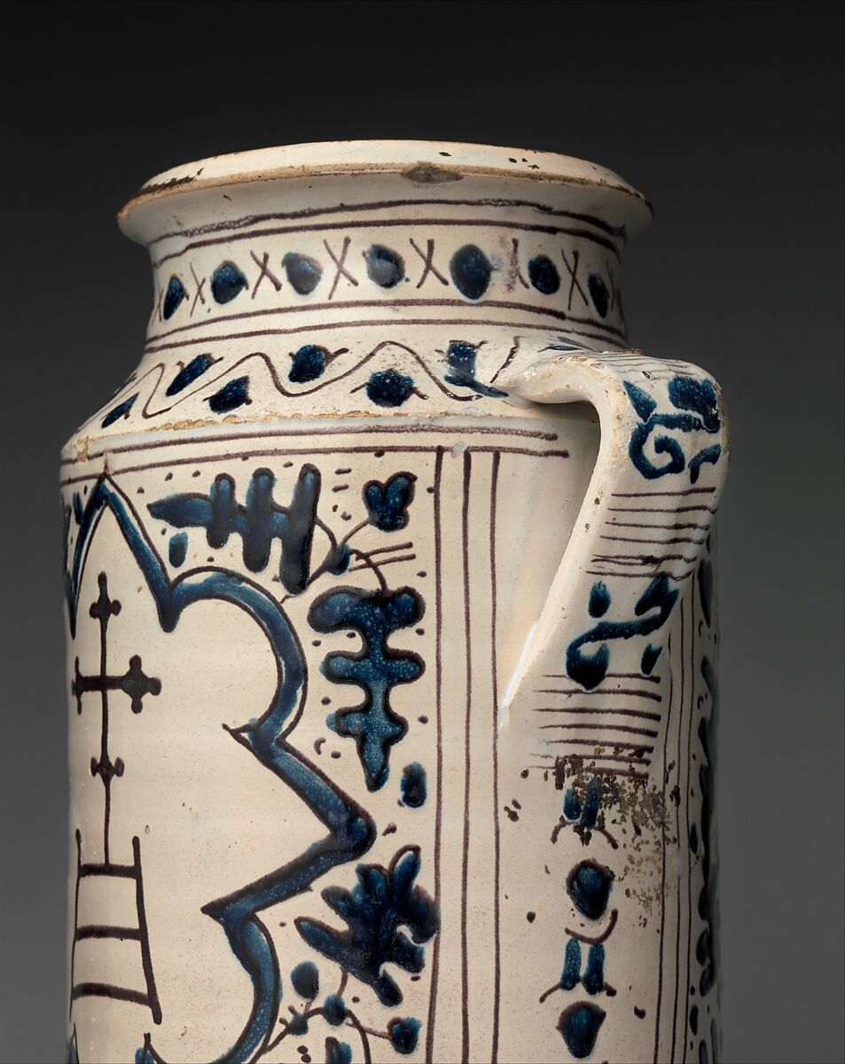 Pharmacy Jar with the Arms of the Hospital of Santa Maria della Scala, Tin-glazed earthenware, Italian