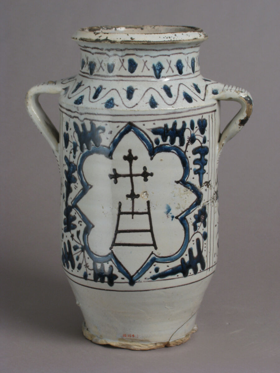 Pharmacy Jar with the Arms of the Hospital of Santa Maria della Scala, Tin-glazed earthenware, Italian