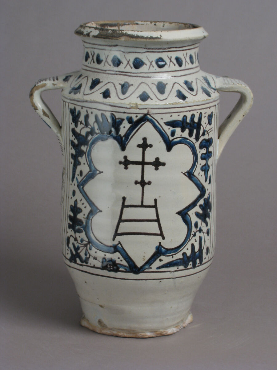 Pharmacy Jar with the Arms of the Hospital of Santa Maria della Scala, Tin-glazed earthenware, Italian