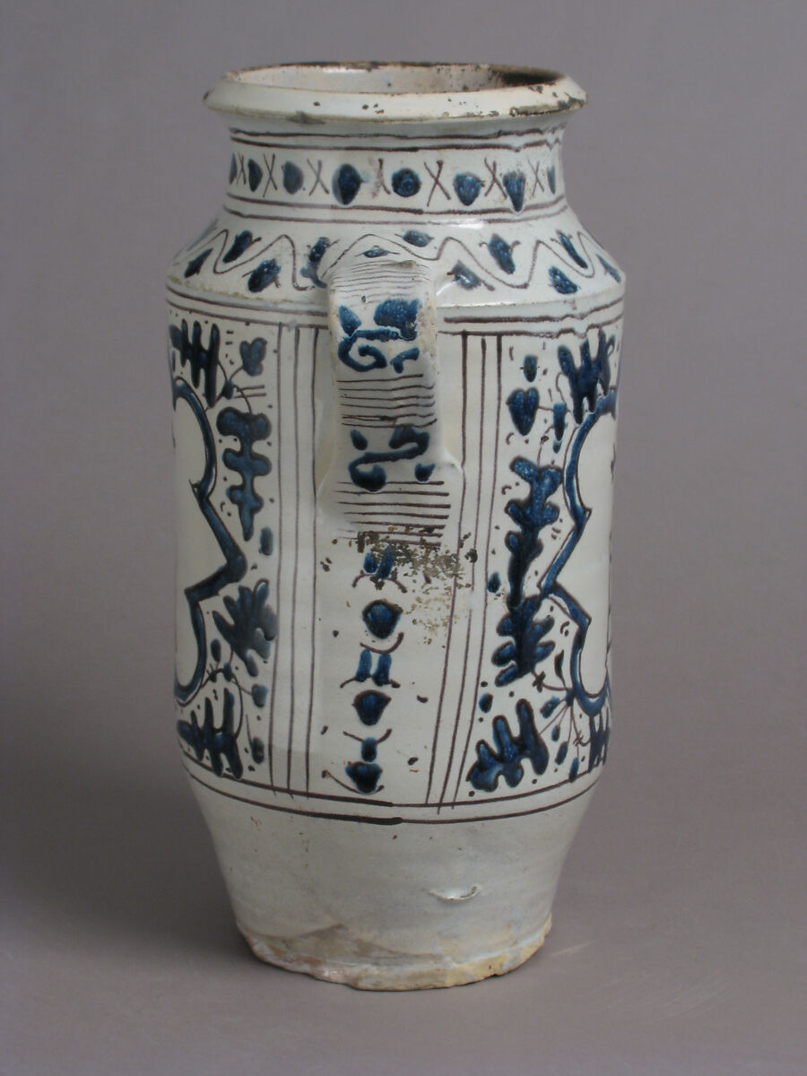 Pharmacy Jar with the Arms of the Hospital of Santa Maria della Scala, Tin-glazed earthenware, Italian
