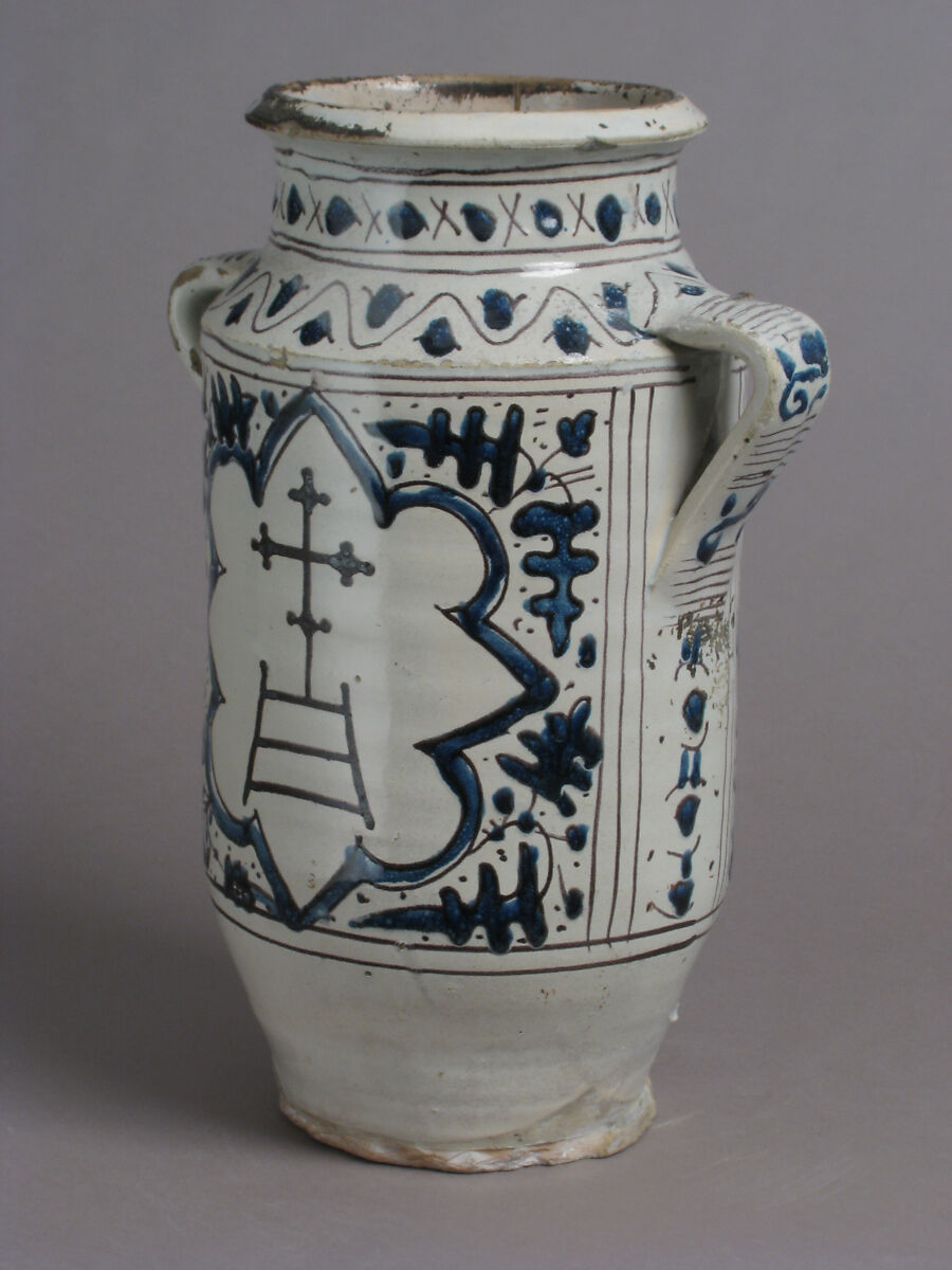 Pharmacy Jar with the Arms of the Hospital of Santa Maria della Scala, Tin-glazed earthenware, Italian
