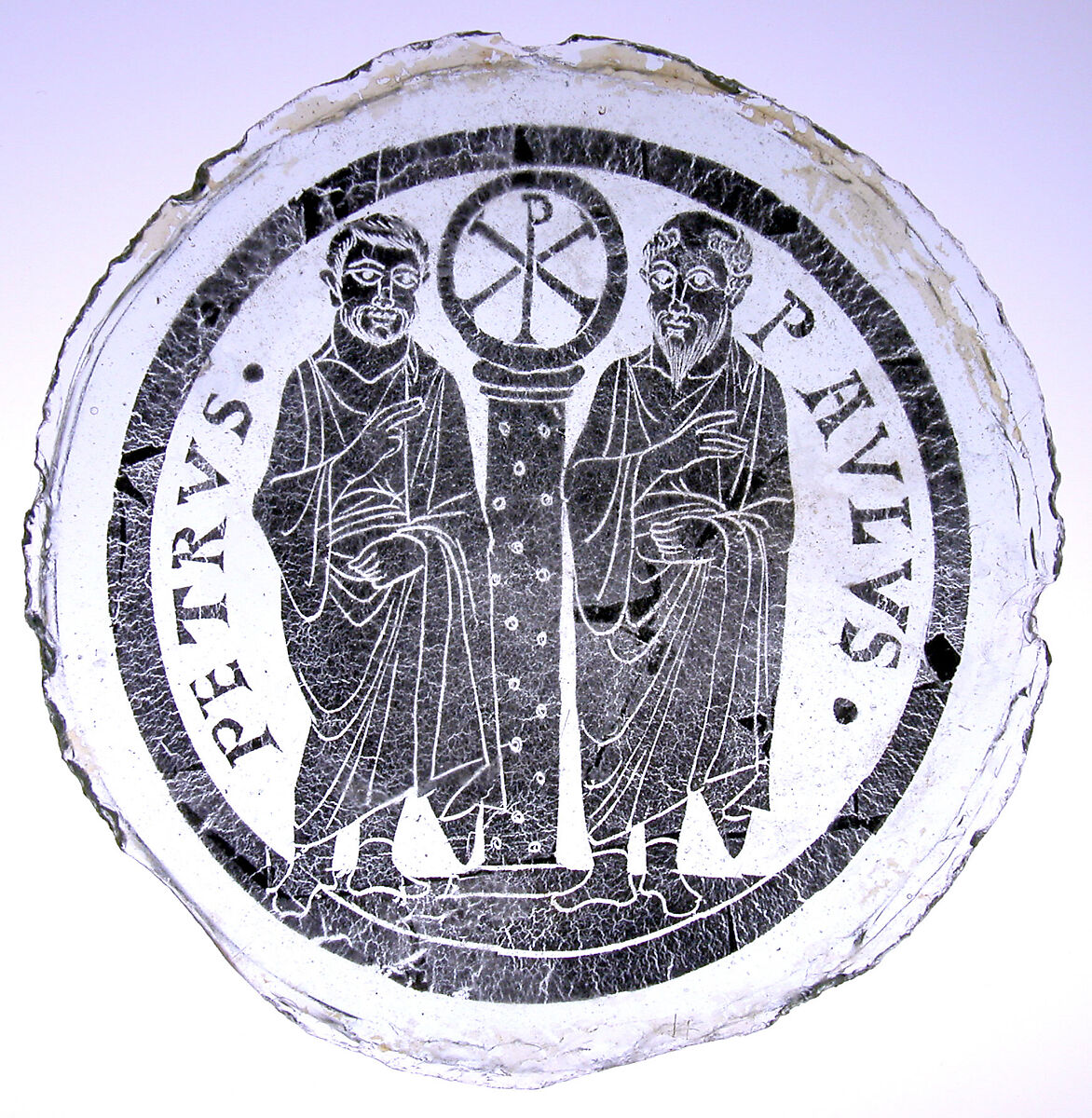 Bowl Base with Saints Peter and Paul Flanking a Column with the Christogram of Christ, Glass, gold leaf, Byzantine