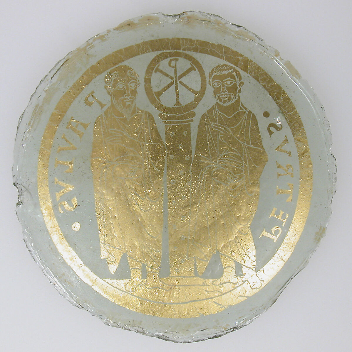 Bowl Base with Saints Peter and Paul Flanking a Column with the Christogram of Christ, Glass, gold leaf, Byzantine