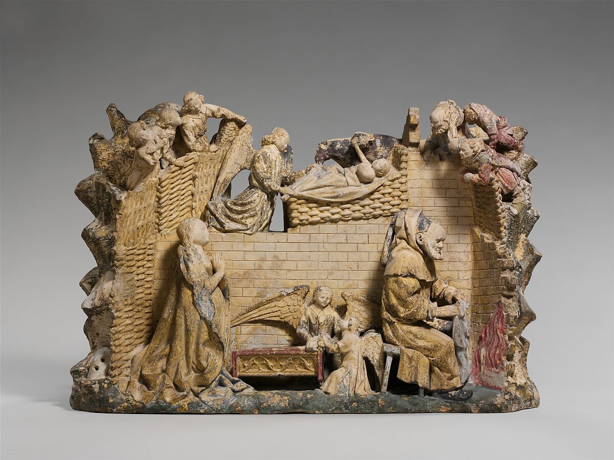 Nativity, Circle of Antoine Le Moiturier (French, ca. 1425–ca. 1497), Limestone with later paint and gilding, French 