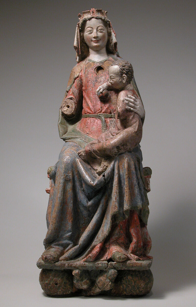 Enthroned Virgin and Child, Oak, with paint, German 