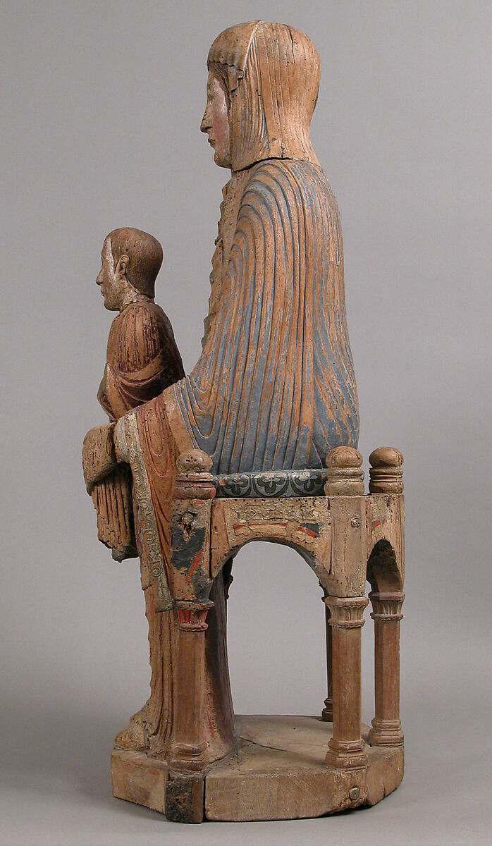 Virgin and Child in Majesty, Walnut with paint, tin relief on a lead white ground, and linen, French