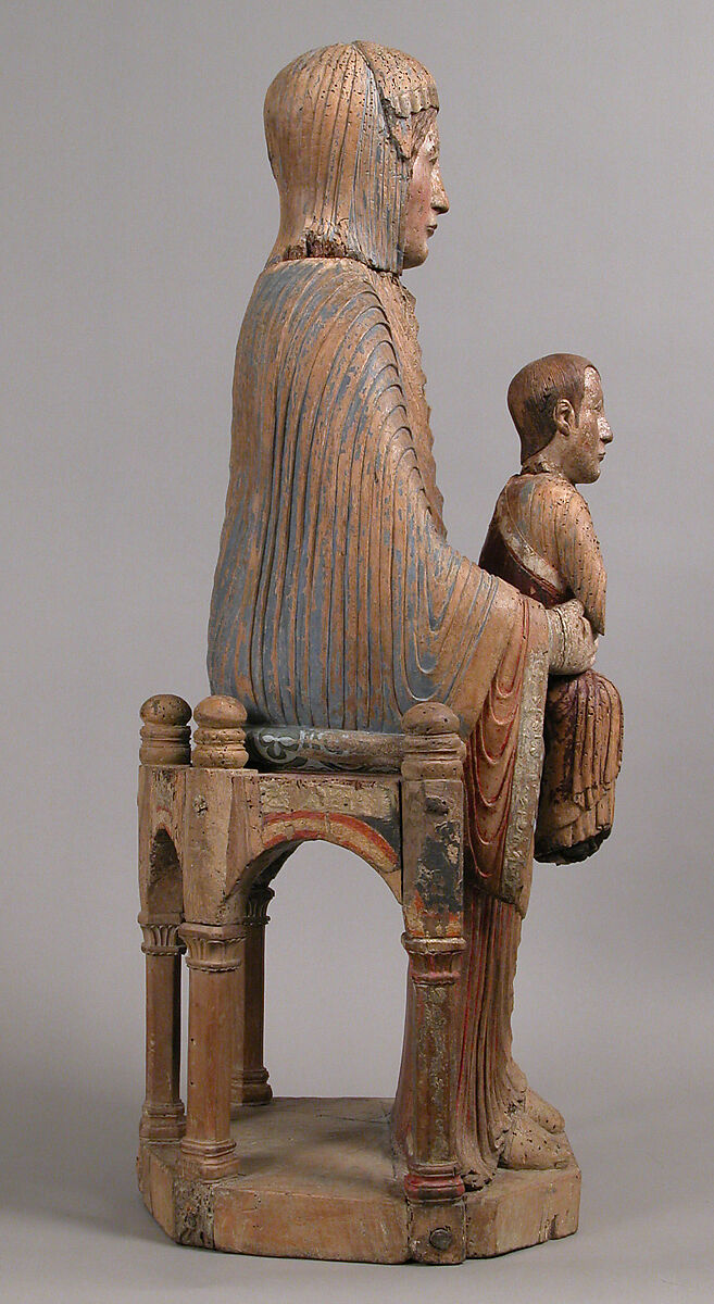 Virgin and Child in Majesty, Walnut with paint, tin relief on a lead white ground, and linen, French