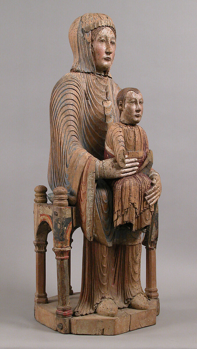 Virgin and Child in Majesty, Walnut with paint, tin relief on a lead white ground, and linen, French