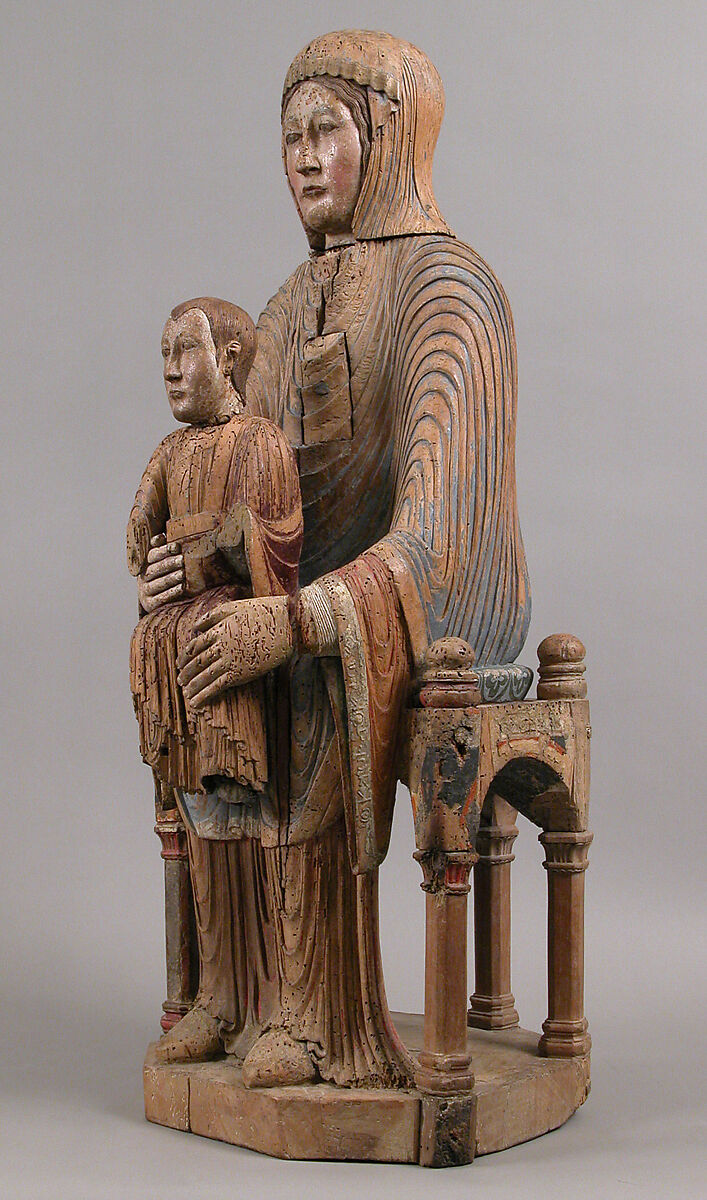 Virgin and Child in Majesty, Walnut with paint, tin relief on a lead white ground, and linen, French