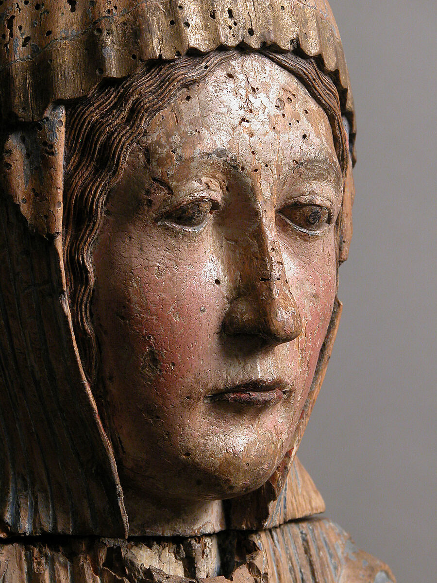 Virgin and Child in Majesty, Walnut with paint, tin relief on a lead white ground, and linen, French