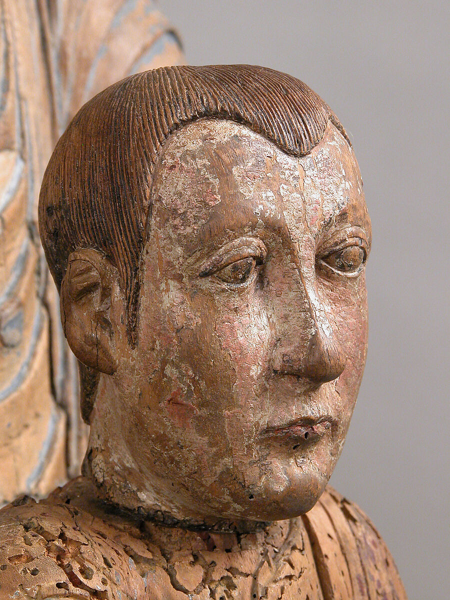 Virgin and Child in Majesty, Walnut with paint, tin relief on a lead white ground, and linen, French