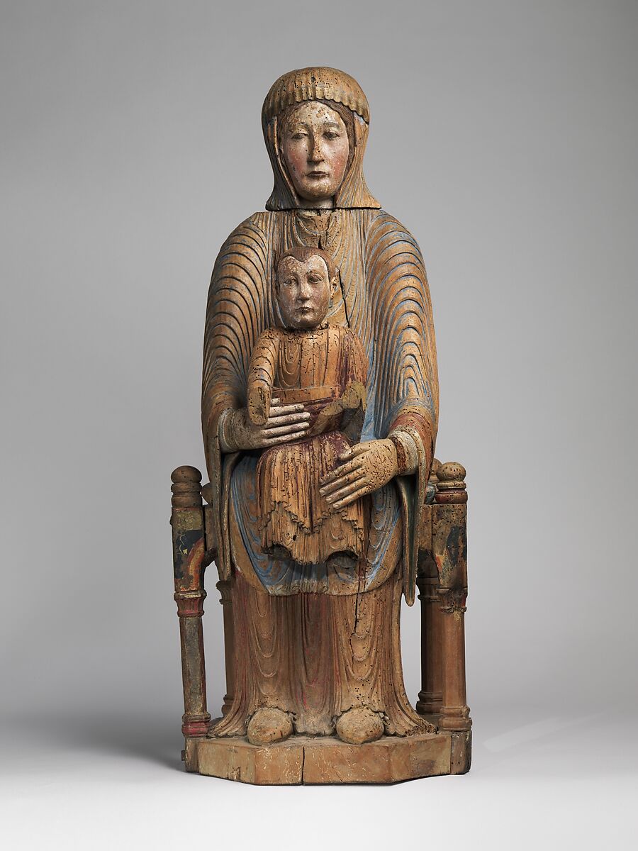 Virgin and Child in Majesty, Walnut with paint, tin relief on a lead white ground, and linen, French