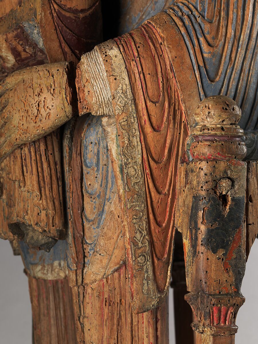 Virgin and Child in Majesty, Walnut with paint, tin relief on a lead white ground, and linen, French