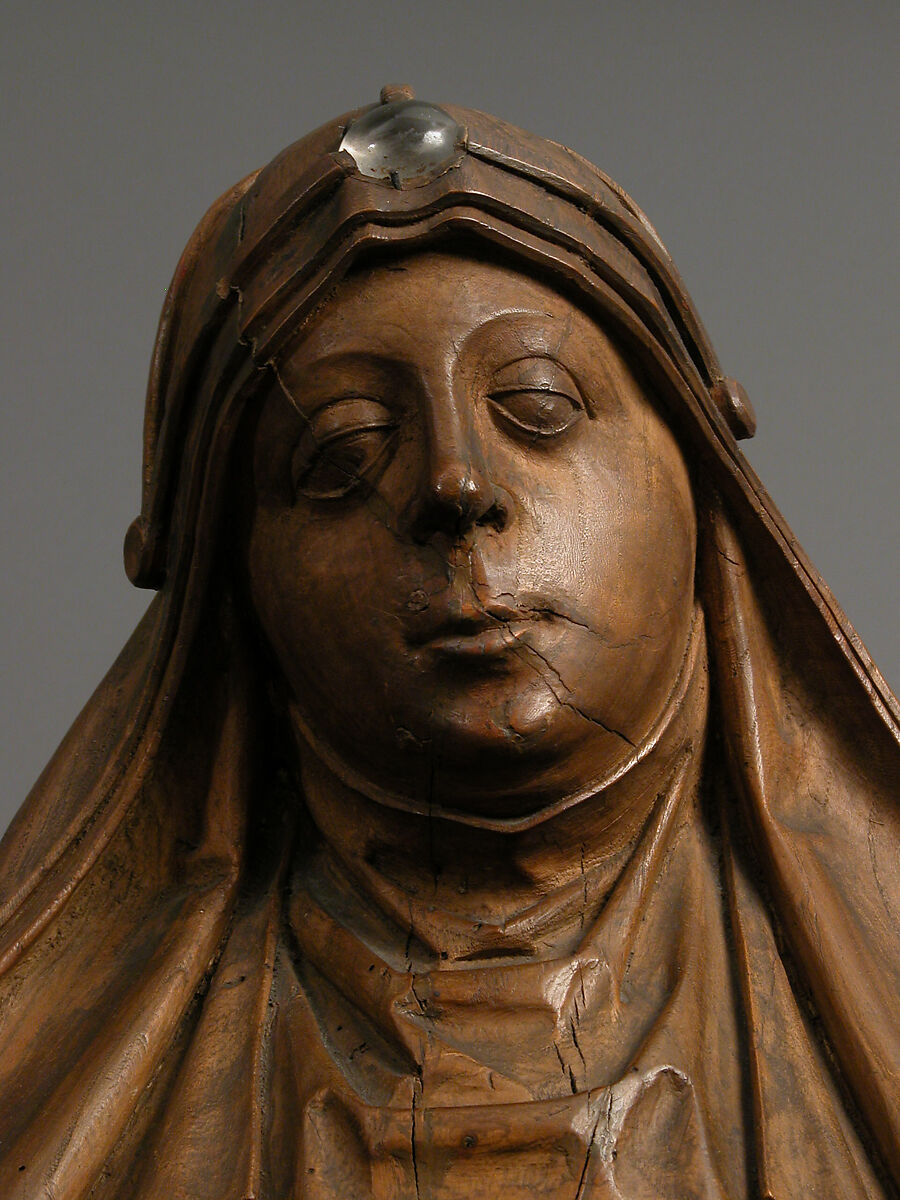 Saint Bridget of Sweden, Master of Soeterbeeck (active ca. 1470–80), Walnut, rock crystal cabochon. Originally painted., South Netherlandish