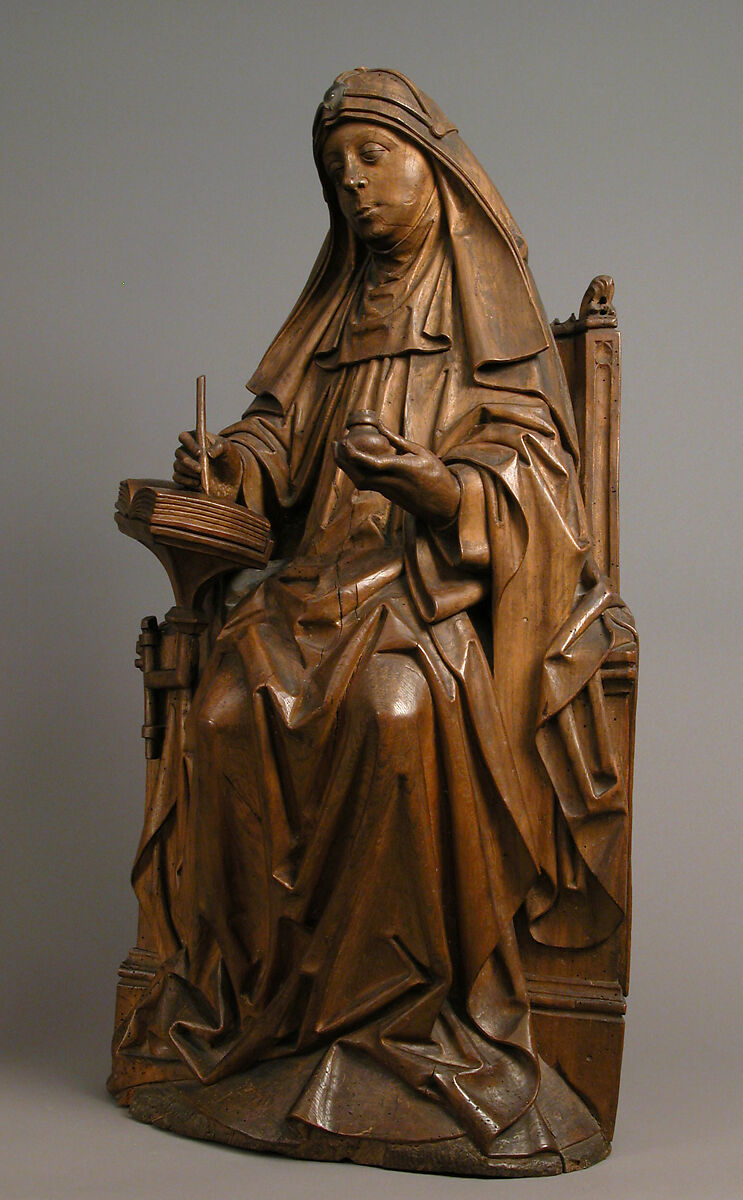 Saint Bridget of Sweden, Master of Soeterbeeck (active ca. 1470–80), Walnut, rock crystal cabochon. Originally painted., South Netherlandish
