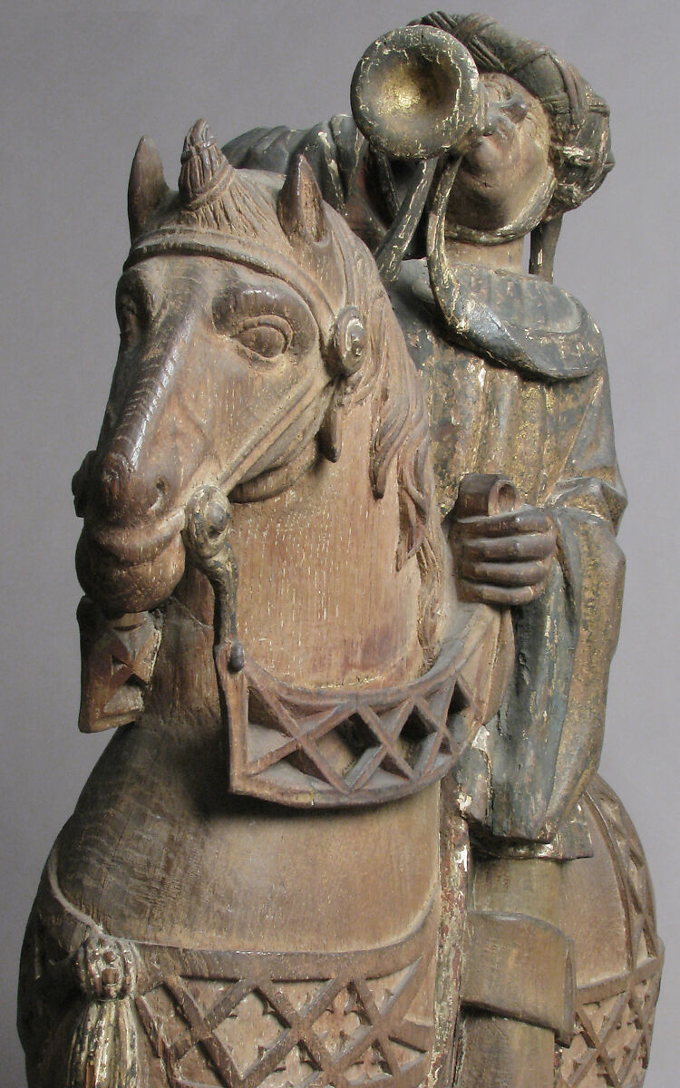 Trumpeter, Oak, traces of polychromy and gilding, South Netherlandish