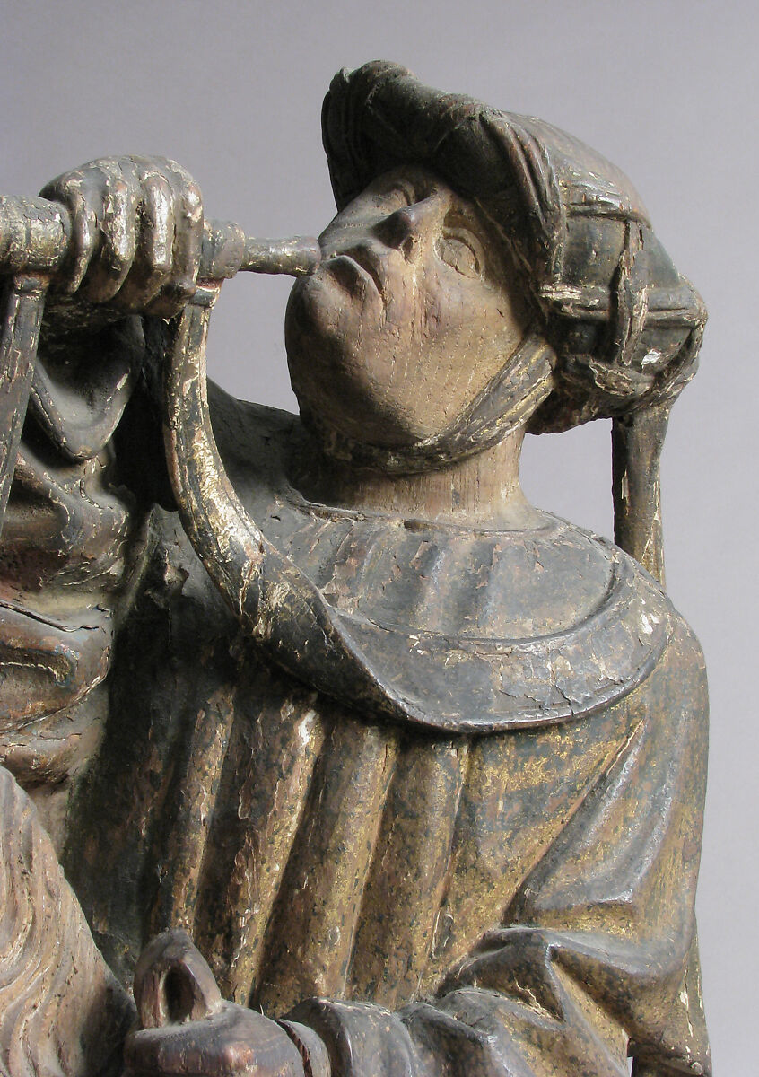 Trumpeter, Oak, traces of polychromy and gilding, South Netherlandish