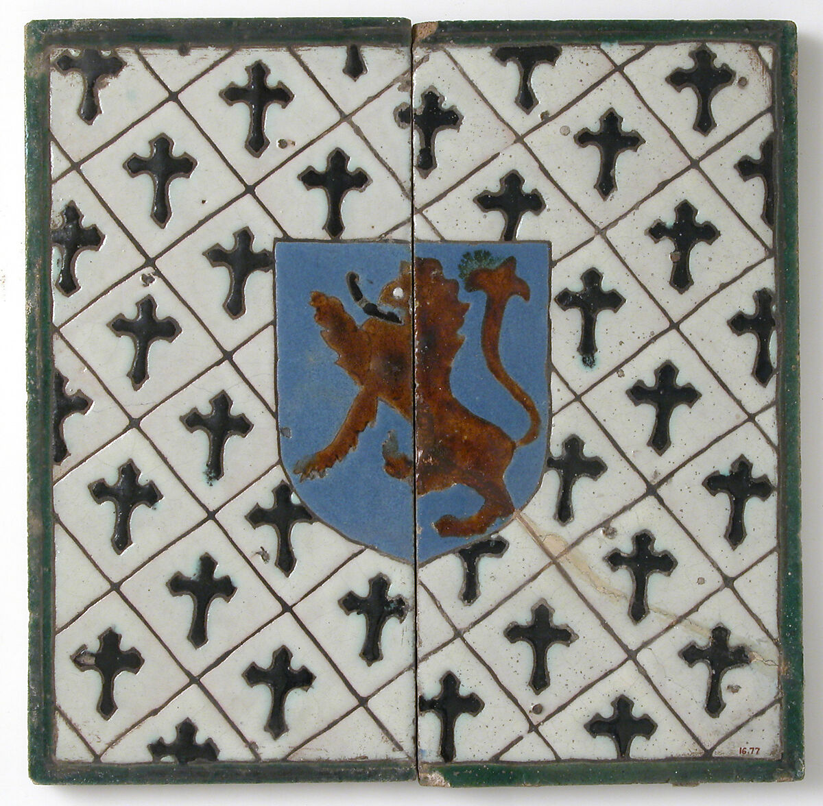 Tiles with a Lion on a Shield, Tin-glazed earthenware (cuerda seca technique), Spanish 