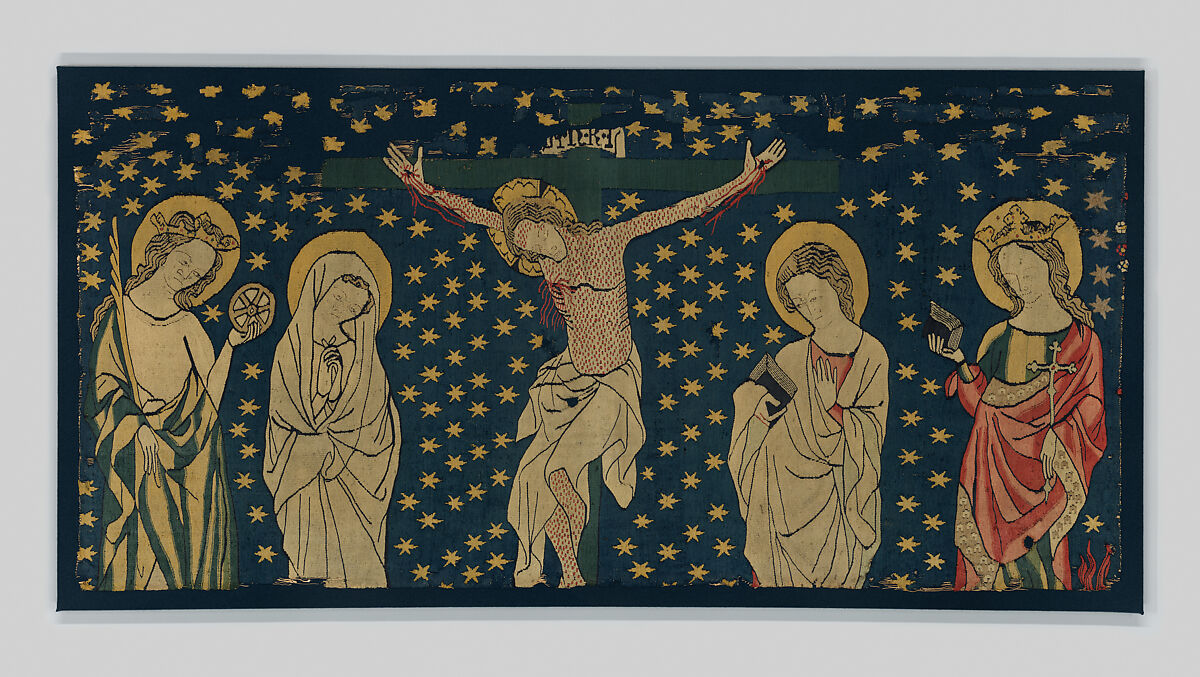 Crucifixion, Linen warp;  wool wefts, with the addition of wool and silk embroidery, German