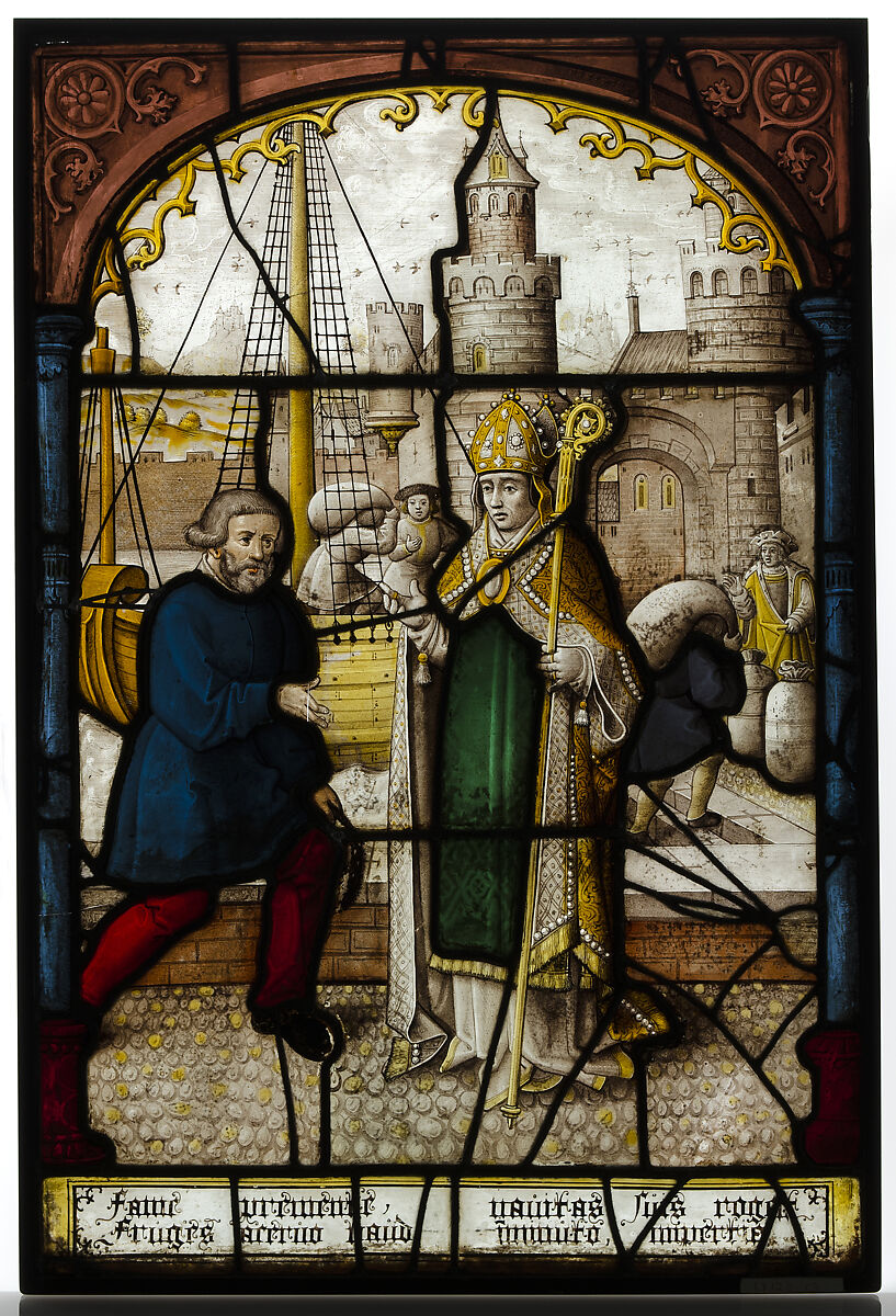 Glass Panel of Saint Nicholas, After a design by Jacob Cornelisz van Oostsanen (Netherlandish, Oostsanen ca. 1470–1533 Amsterdam), Pot-metal glass and vitreous paint, Netherlandish 