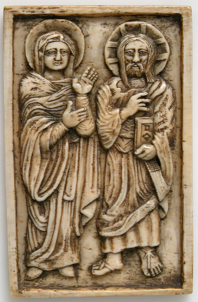 Panel with Christ and Mary Magdalene, Elephant ivory, European (Medieval style) 