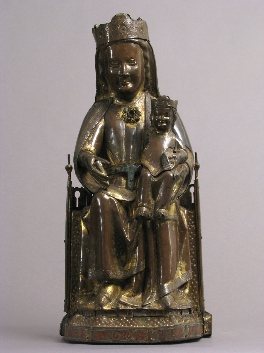 Virgin and Child, Copper: repoussé, engraved, gilt, cut out and nailed; champlevé enamel: lapis and light blue, red; gems; wood core (walnut), French 