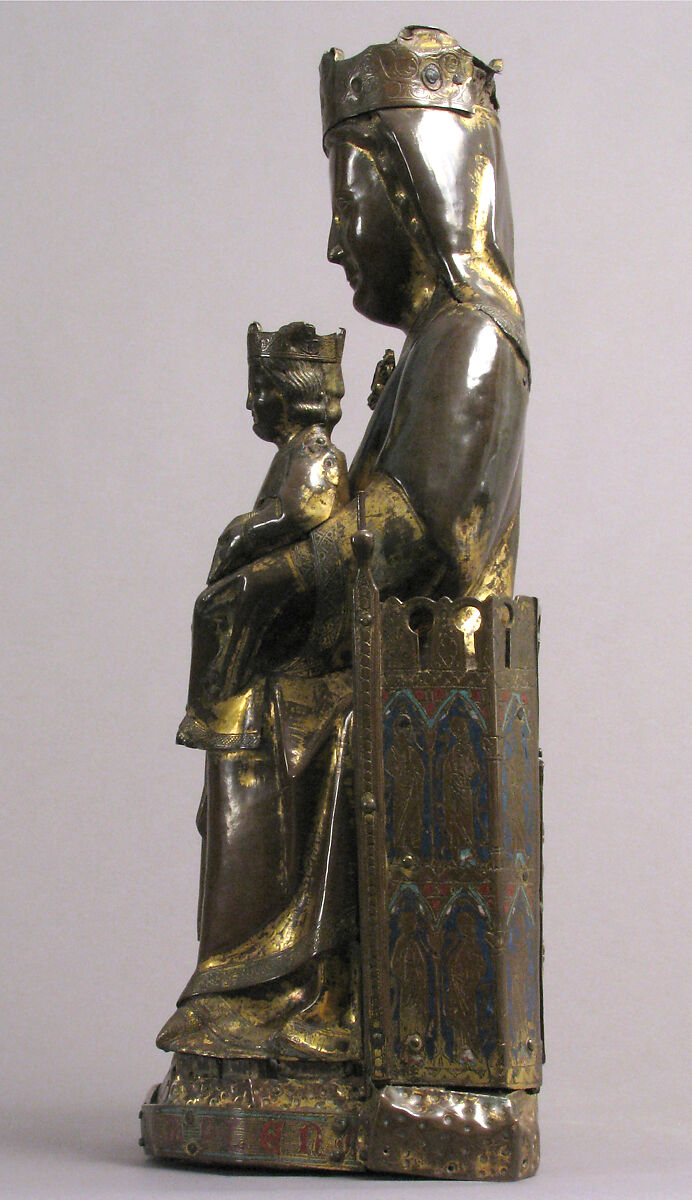 Virgin and Child, Copper: repoussé, engraved, gilt, cut out and nailed; champlevé enamel: lapis and light blue, red; gems; wood core (walnut), French