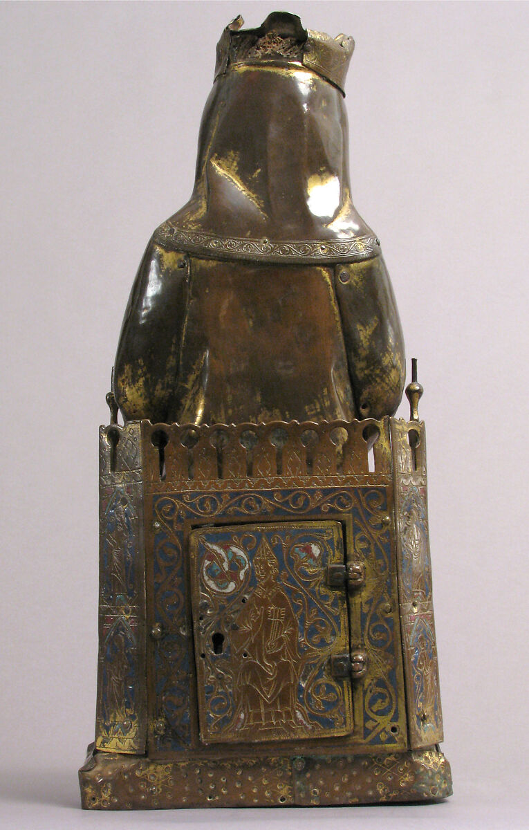 Virgin and Child, Copper: repoussé, engraved, gilt, cut out and nailed; champlevé enamel: lapis and light blue, red; gems; wood core (walnut), French