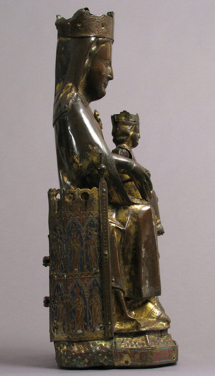 Virgin and Child, Copper: repoussé, engraved, gilt, cut out and nailed; champlevé enamel: lapis and light blue, red; gems; wood core (walnut), French